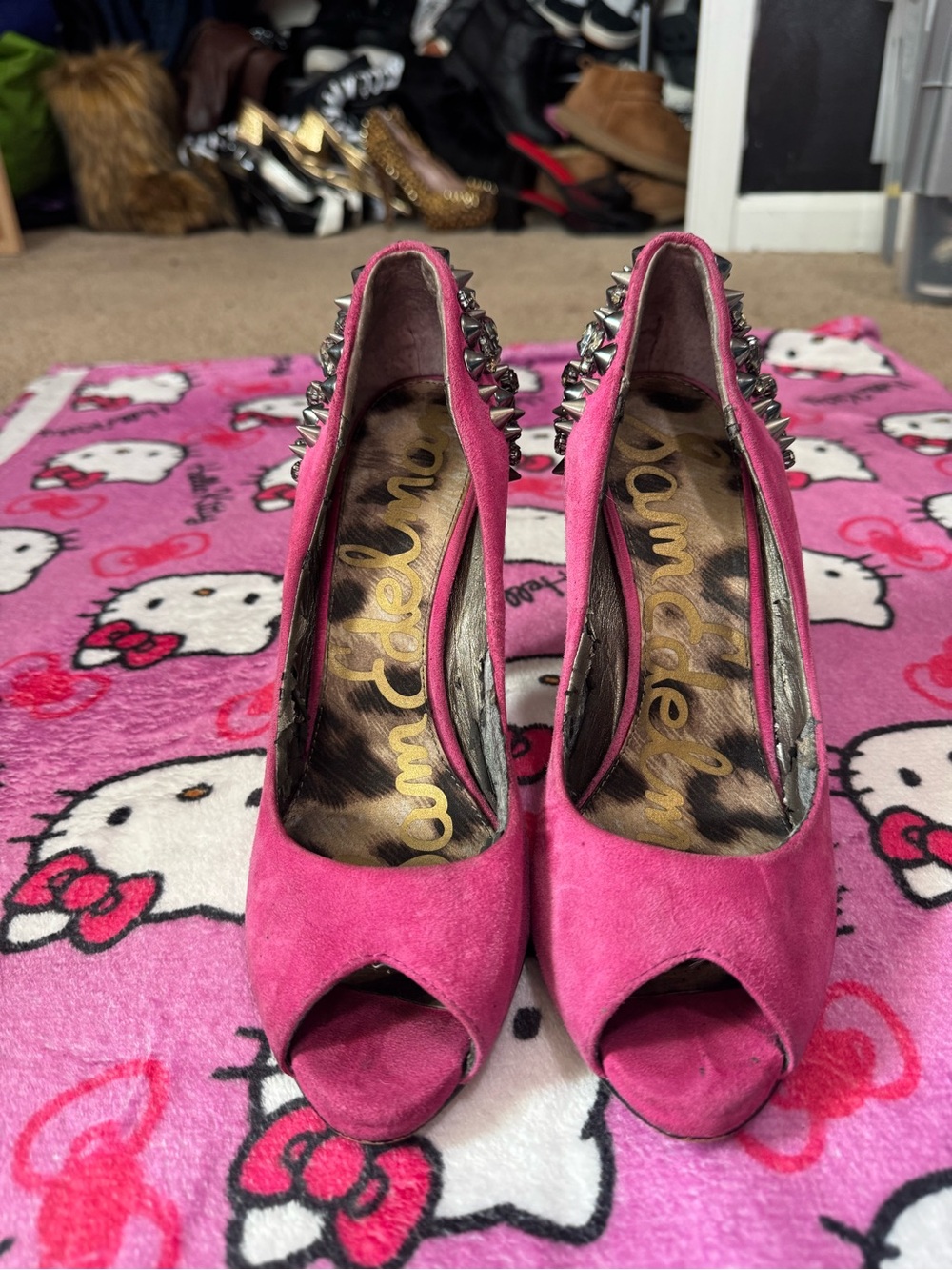 Sam Edelman Pink Suede Peep-Toe Pumps with Stud